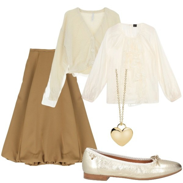 Outfit donna - Domenica mattina. Stile Casual chic per Tutti i giorni. Abbinamento con ballerine, collane, gonne longuette, cardigans, bluse.