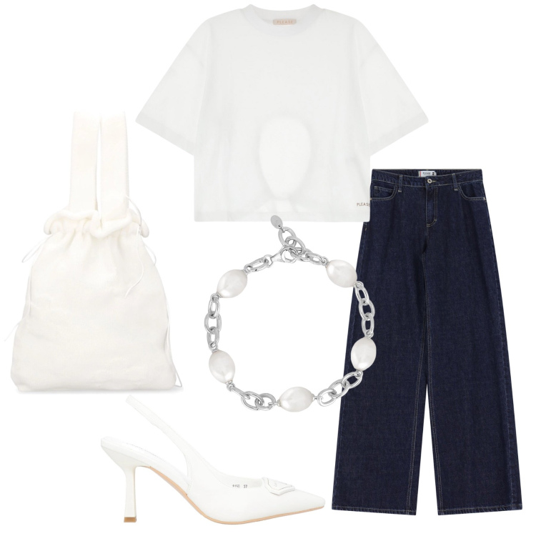Outfit donna - Due colori per l apericena. Stile Chic per Serata fuori. Abbinamento con décolleté, braccialetti, jeans a zampa, t-shirt, borse a mano.