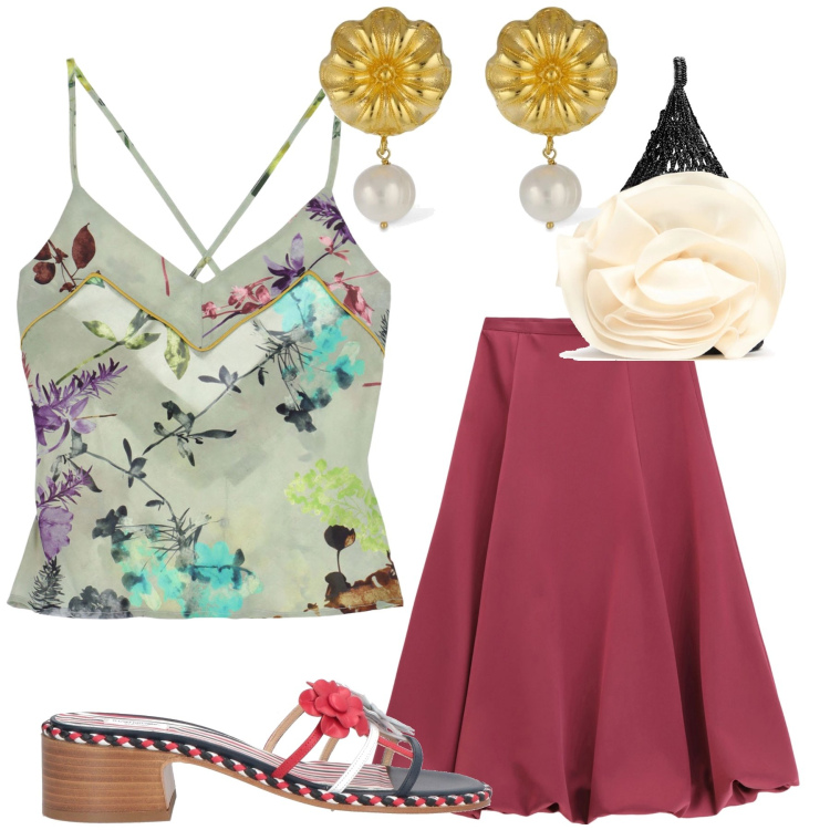 Outfit donna - Una vita fiorita. Stile Glamour per Tutti i giorni. Abbinamento con sandali in pelle, gonne longuette, canottiere, borse a mano, orecchini.