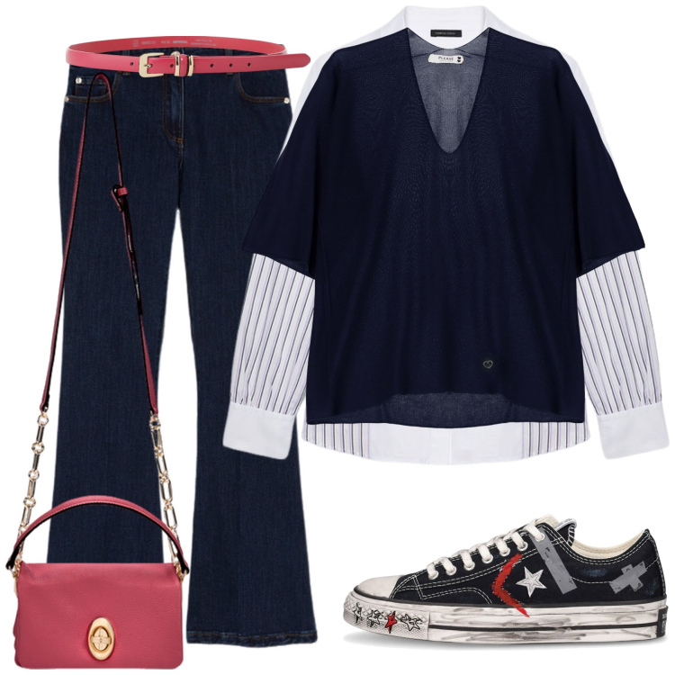 Outfit donna - Ispirazioni Urbane. Stile Urban per Tutti i giorni. Abbinamento con maglieria, cinture, camicie, sneakers, jeans, borse a tracolla.