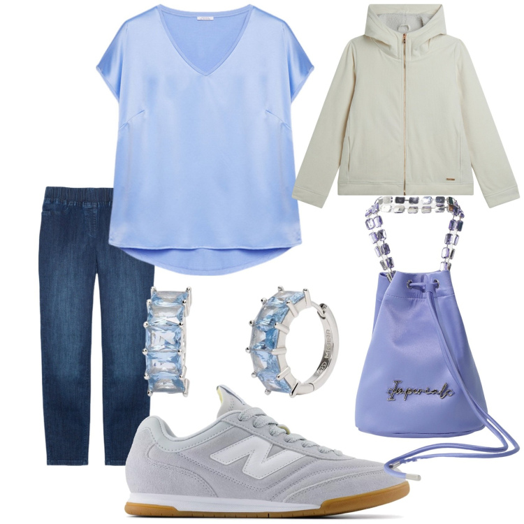 Outfit donna - Azzurro cielo. Stile Casual per Tutti i giorni. Abbinamento con orecchini, sneakers, borse a secchiello, blazer, t-shirt, jeggings.