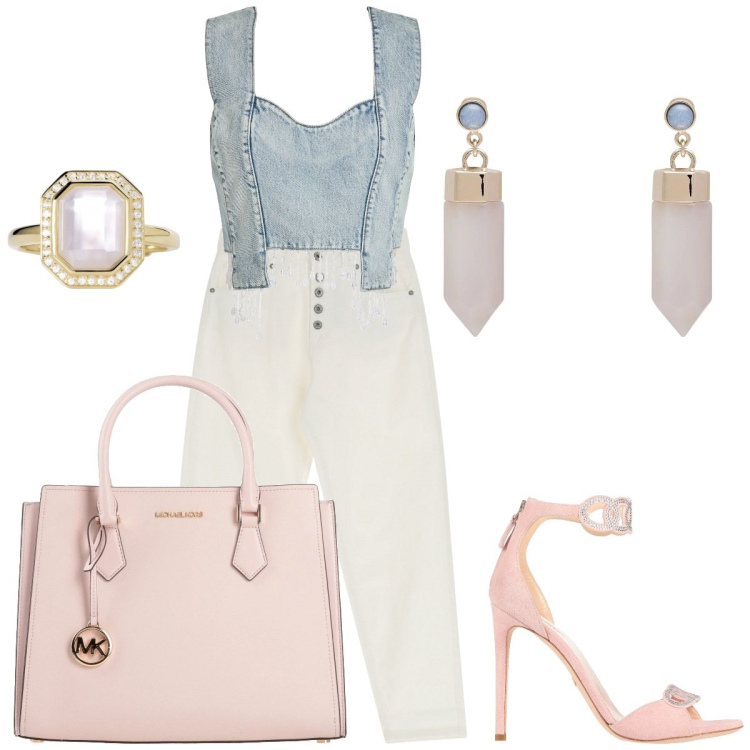 Outfit donna - Occasione. Stile Urban per Tutti i giorni. Abbinamento con top, sandali in pelle, borse a mano, orecchini, anelli, jeans.