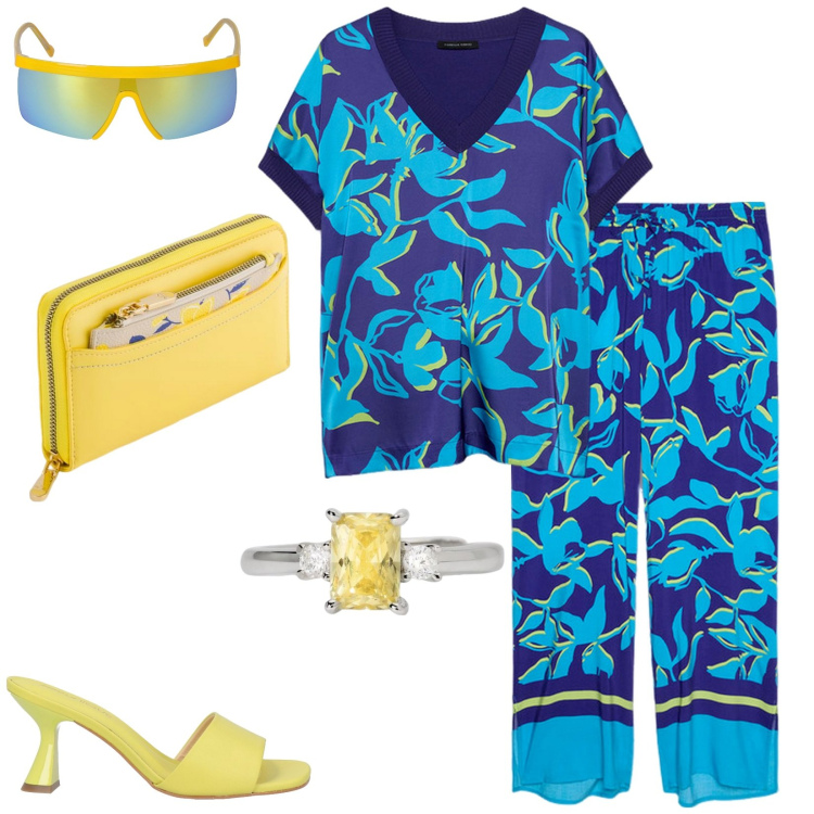 Outfit donna - Vacanze al mare. Stile Trendy per Mare. Abbinamento con sandali in pelle, anelli, pantaloni a palazzo, bluse, portafogli, occhiali da sole.