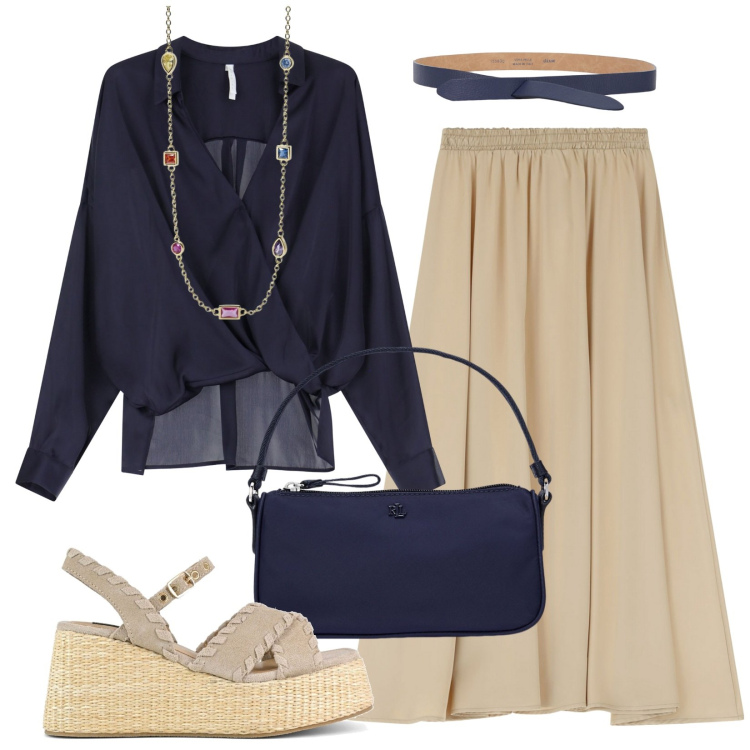 Outfit donna - Camicia molto femminile. Stile Minimal per Ufficio. Abbinamento con collane, bluse, gonne lunghe, cinture, pochette, zeppe.