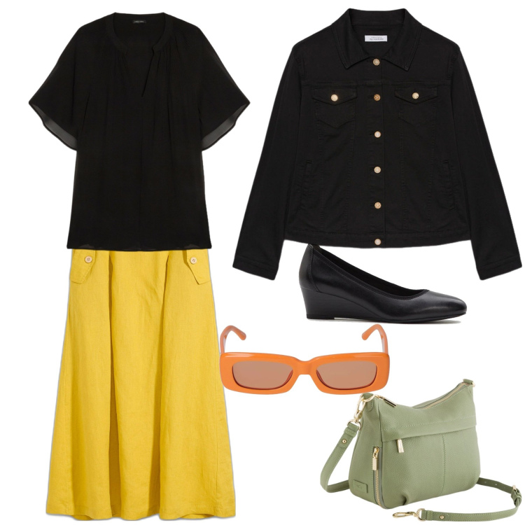 Outfit donna - Giocando coi colori. Stile Basic per Tutti i giorni. Abbinamento con gonne, décolleté, bluse, blazer, borse a tracolla, occhiali da sole.