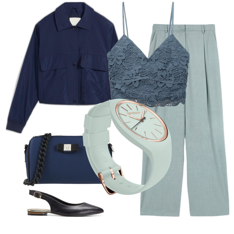 Outfit donna - Chic in blu e verdino. Stile Chic per Serata fuori. Abbinamento con borse a tracolla, ballerine, blazer, top, orologi, pantaloni a palazzo.