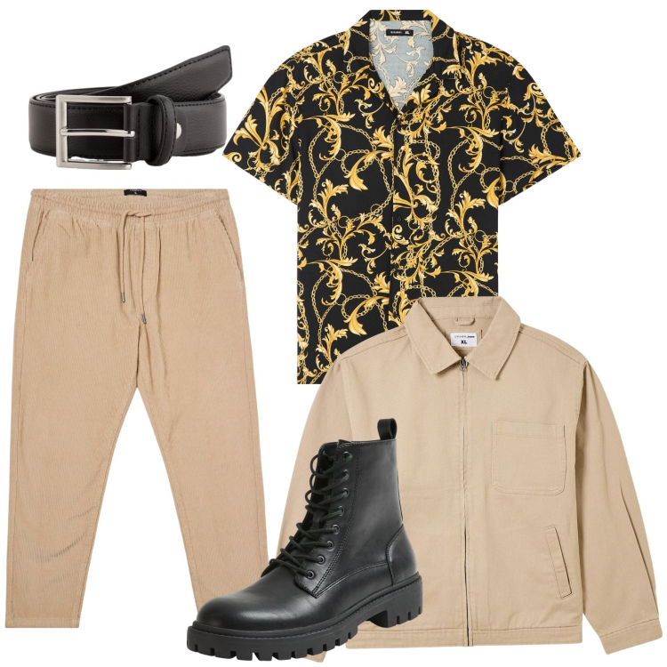 Outfit uomo - Stampe geometriche. Stile Trendy per Tutti i giorni. Abbinamento con camicie a manica corta, pantaloni, anfibi, giacche, cinture.