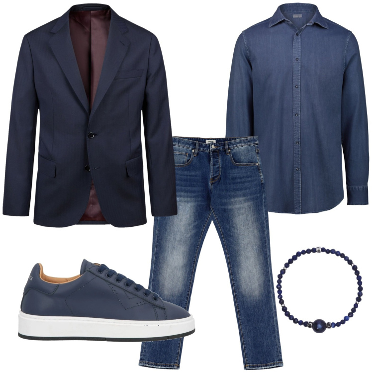 Outfit uomo - Look monocromatico. Stile Trendy per Ufficio. Abbinamento con sneakers, braccialetti, jeans dritti, abiti, camicie.