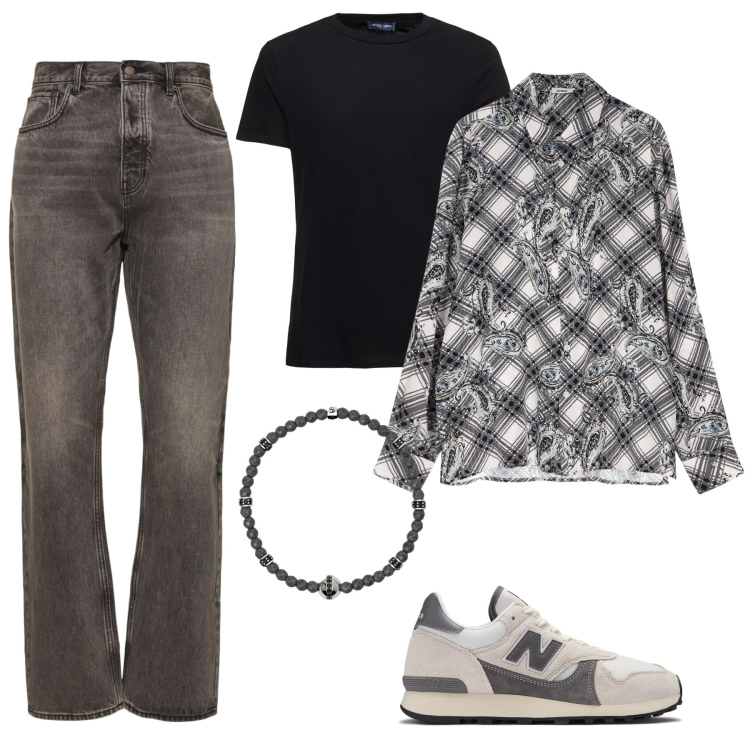 Outfit uomo - Camicia a Stampe geometriche. Stile Casual per Tutti i giorni. Abbinamento con braccialetti, sneakers, camicie, t-shirt, jeans.