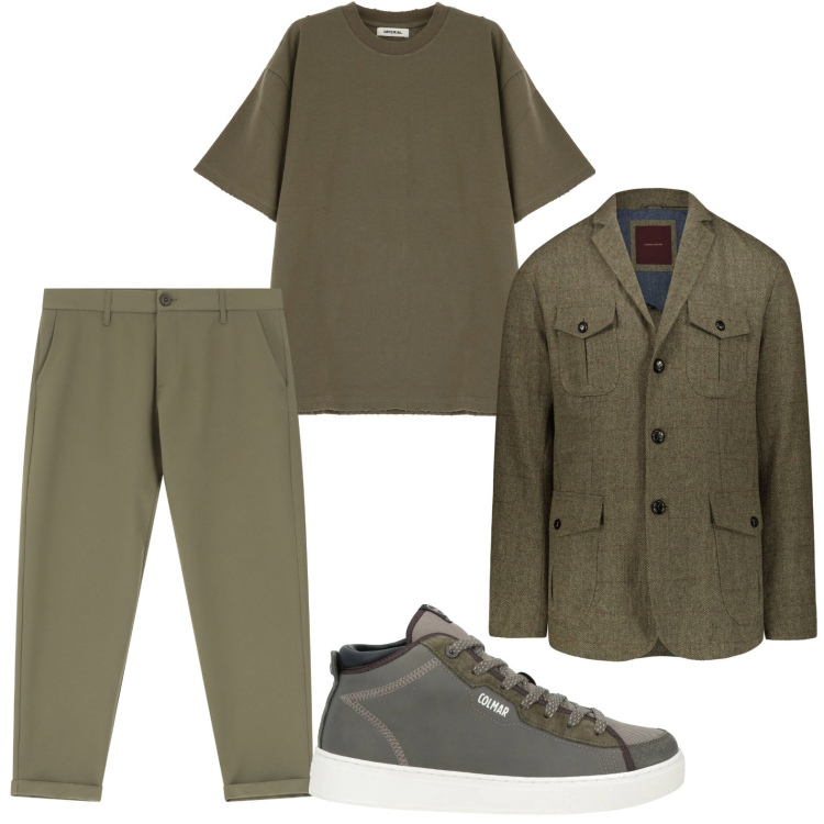 Outfit uomo - Look monocromatico. Stile Urban per Tutti i giorni. Abbinamento con sneakers alte, pantaloni chino, t-shirt, giacche.