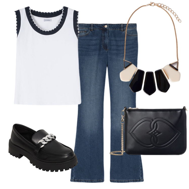Outfit donna - Il pantalone a zampa. Stile Casual chic per Tutti i giorni. Abbinamento con mocassini, jeans, top, collane, pochette.