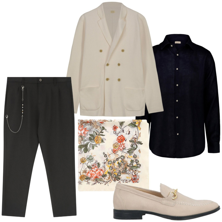 Outfit uomo - Dandy moderno. Stile Casual per Serata speciale. Abbinamento con scarpe stringate, pantaloni, sciarpe e foulard, camicie, cardigans.