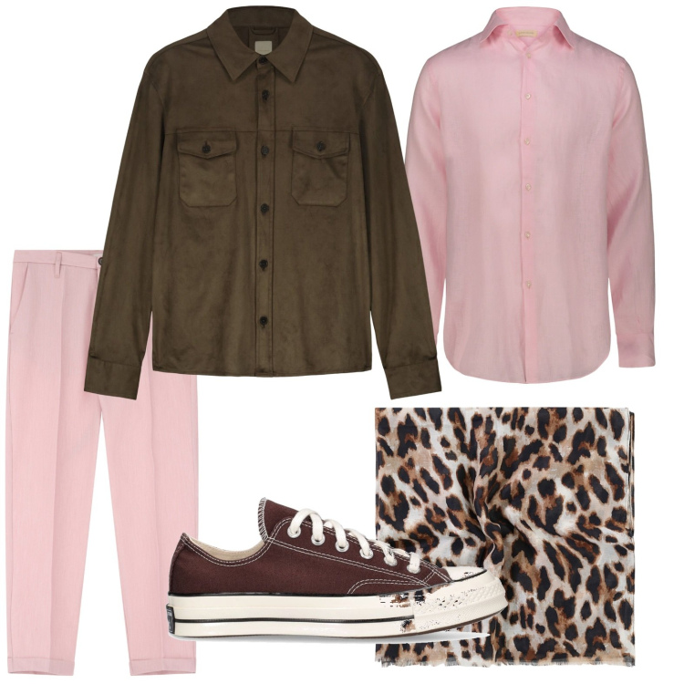 Outfit uomo - Rosa e animalier. Stile Casual per Serata speciale. Abbinamento con pantaloni, sciarpe e foulard, giacche, camicie, sneakers.