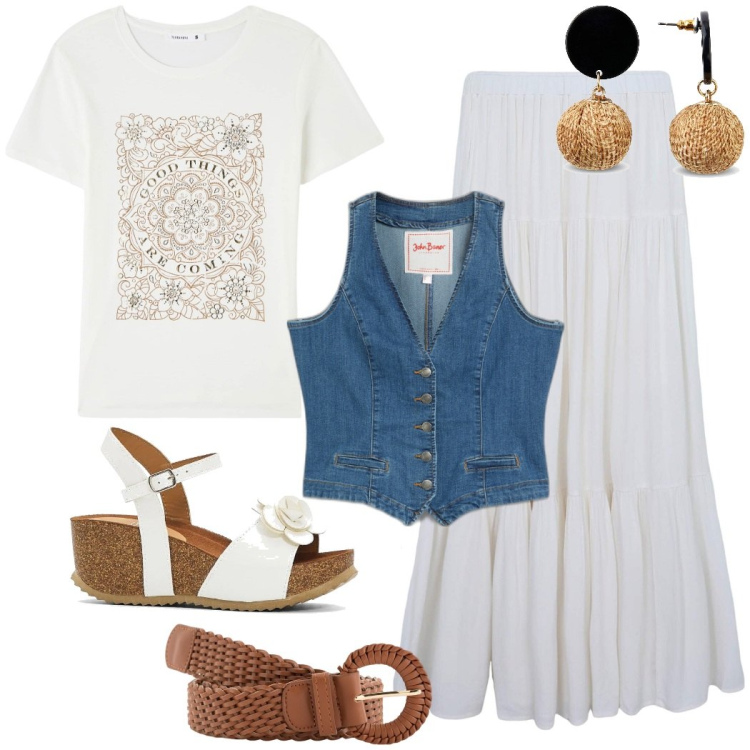 Outfit donna - Tendenza Gipsy. Stile Casual per Tutti i giorni. Abbinamento con orecchini, gilet, sandali, gonne lunghe, t-shirt, cinture.