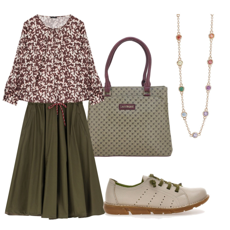 Outfit donna - Gonne a trapezio una ventata di freschez. Stile Urban per Ufficio. Abbinamento con collane, gonne longuette, scarpe stringate, bluse, borse a spalla.