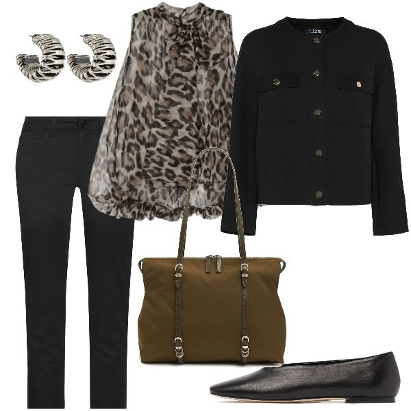 Outfit donna - Compleanno tra amici. Stile Casual chic per Serata fuori. Abbinamento con pantaloni, camicie, orecchini, ballerine, blazer, borse a spalla.