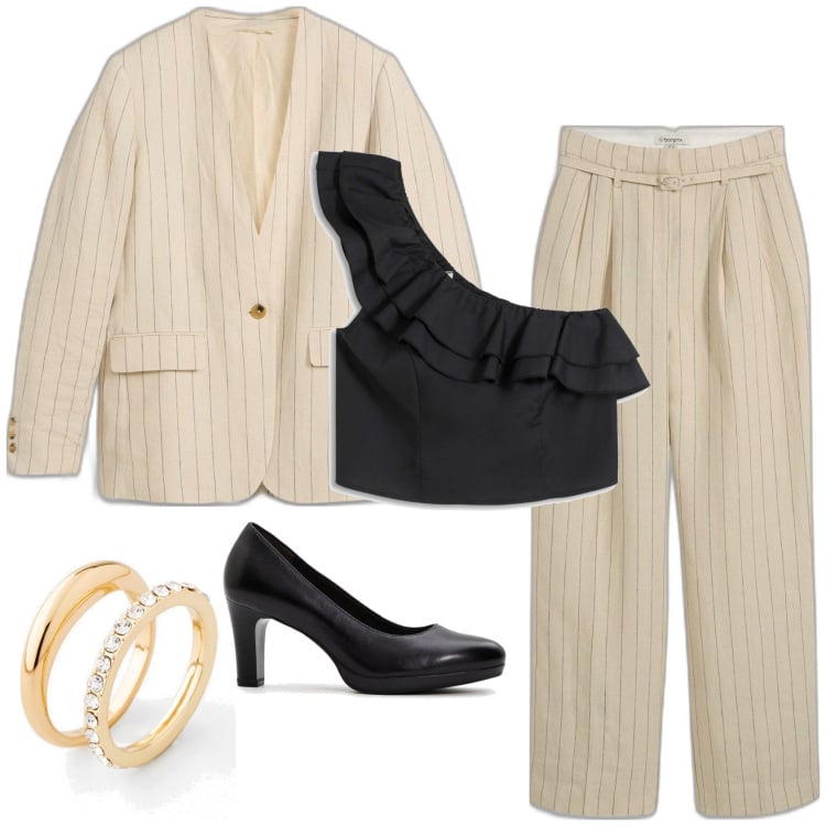 Outfit donna - Cena con le righe. Stile Casual chic per Serata fuori. Abbinamento con anelli, pantaloni, blazer, bluse, décolleté.