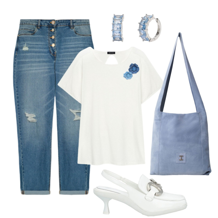Outfit donna - Sportiva in ufficio. Stile Casual per Ufficio. Abbinamento con décolleté, orecchini, borse a tracolla, t-shirt, jeans strappati.