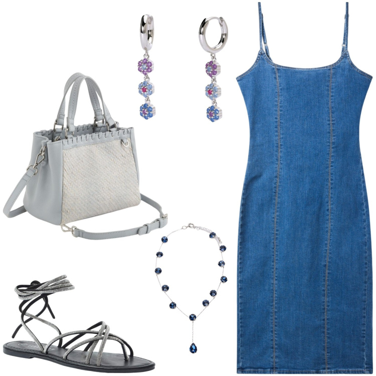 Outfit donna - Tubino di jeans. Stile Casual per Tutti i giorni. Abbinamento con sandali alla schiava, vestiti a tubino, orecchini, collane, borse a mano.