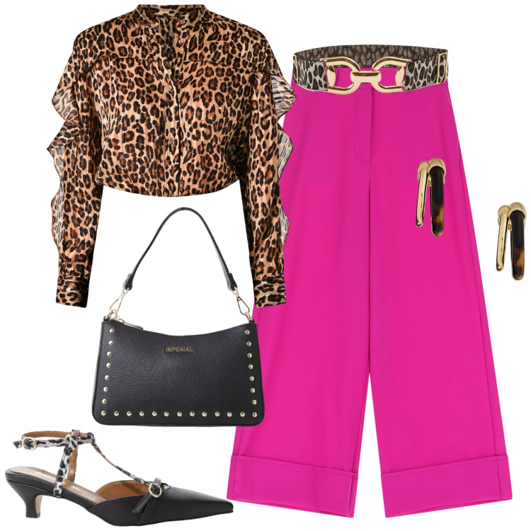 Outfit donna - Serata con le amiche!. Stile Casual chic per Serata fuori. Abbinamento con cinture, camicie, décolleté, borse a spalla, pantaloni a palazzo, orecchini.