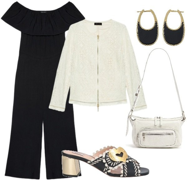Outfit donna - Serata tra amici. Stile Casual chic per Tutti i giorni. Abbinamento con sandali in pelle, tute, blazer, orecchini, borse a spalla.