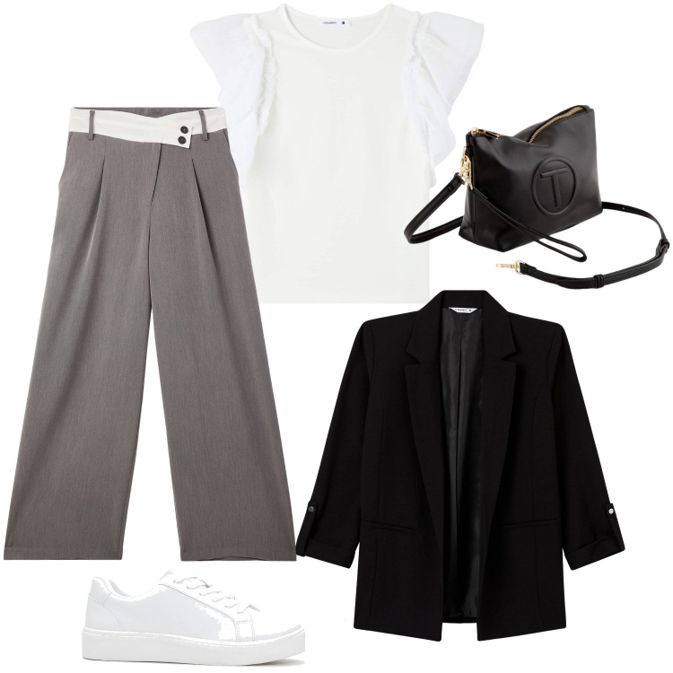 Outfit donna - Total look #2113011. Stile Casual chic Abbinamento con sneakers, blazer, t-shirt, pantaloni, valigie.