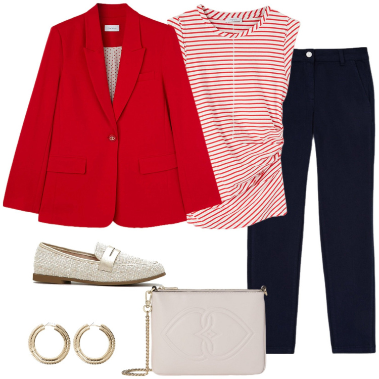 Outfit donna - La giacca rossa. Stile Casual per Ufficio. Abbinamento con mocassini, orecchini, blazer, top, pochette, pantaloni chino.