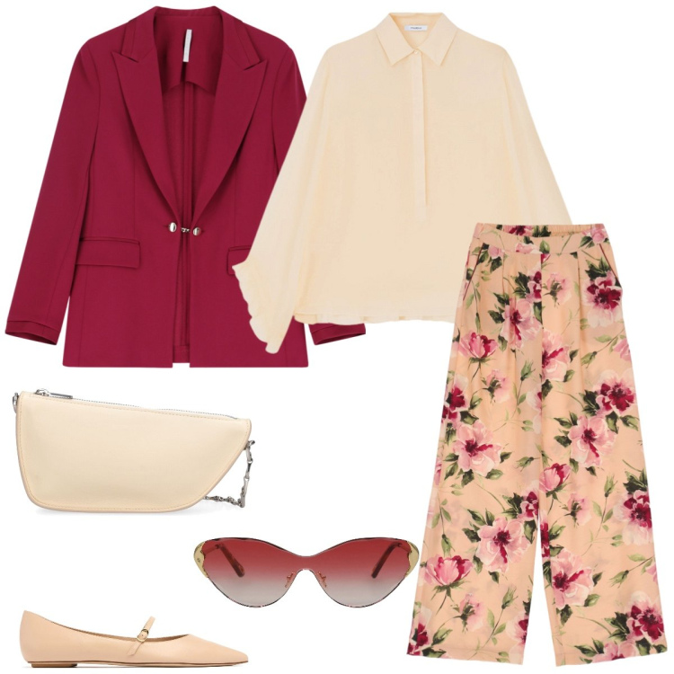 Outfit donna - Ibiscus. Stile Casual chic per Tutti i giorni. Abbinamento con occhiali da sole, blazer, pantaloni, camicie, borse a spalla, ballerine.