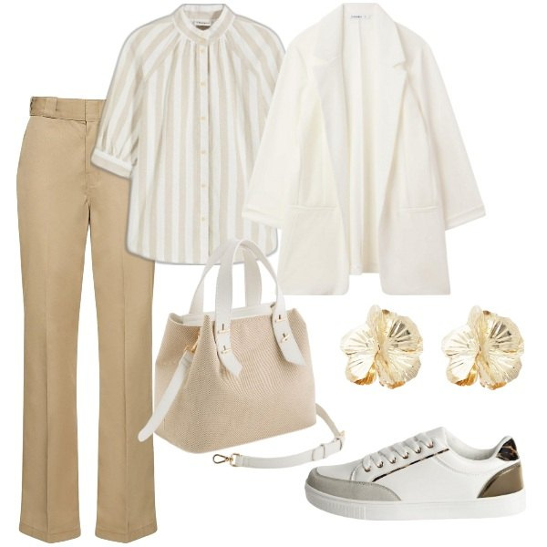 Outfit donna - Colori di Aprile. Stile Casual chic per Serata fuori. Abbinamento con camicie, sneakers, blazer, orecchini, pantaloni, borse a mano.