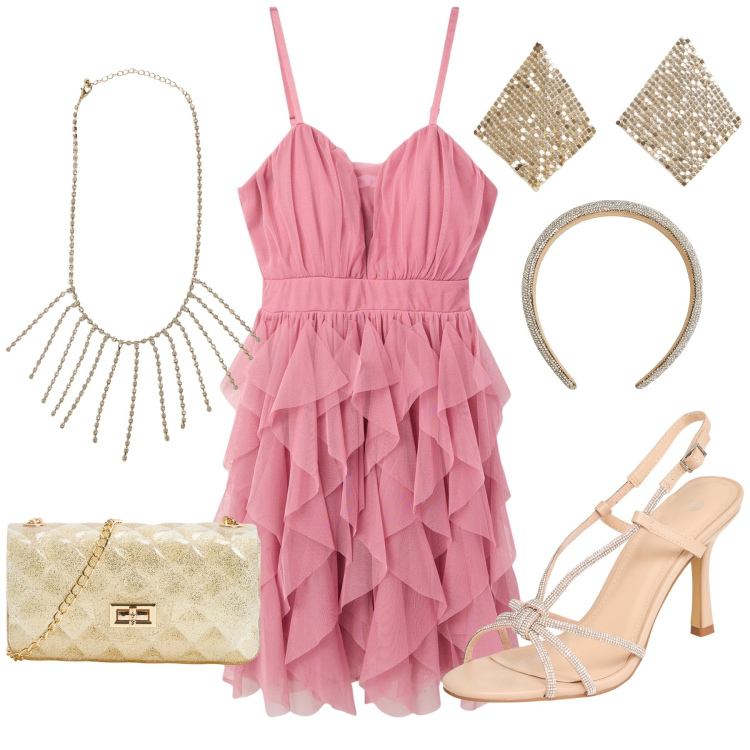 Outfit donna - Abitino pink. Stile Chic per Cerimonia. Abbinamento con orecchini, collane, cerchietti, vestiti corti, sandali col tacco, borse a tracolla.
