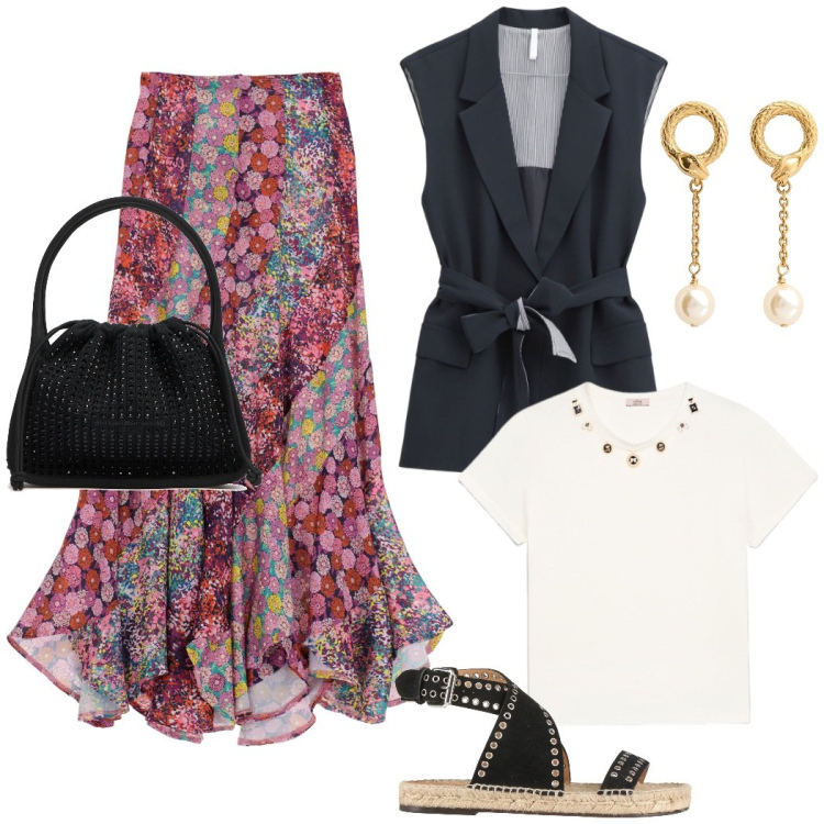 Outfit donna - Gipsy rivisitato. Stile Casual chic per Serata fuori. Abbinamento con espadrillas, gilet, gonne lunghe, borse a mano, orecchini, t-shirt.