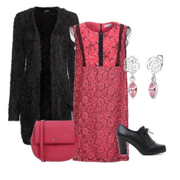 Outfit donna - Oggi mi sento romantica. Stile Trendy per Tutti i giorni. look ideale per Petite. Abbinamento con cardigans, vestito a trapezio con pizzo fantasia floreale con ruches collo tondo a maniche corte con zip interno foderato in tulle senza tasche, borsa a mano mini con stampa a scatto interno foderato tinta unita, mocassini, orecchini.