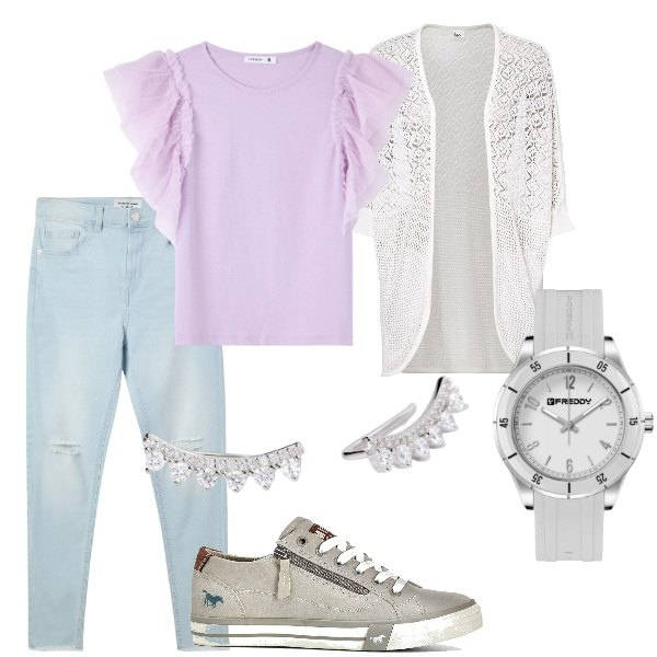 Outfit donna - A spasso per la città. Stile Casual per Tutti i giorni. Abbinamento con cardigans, sneakers, t-shirt, jeans strappati, orecchini, orologi.