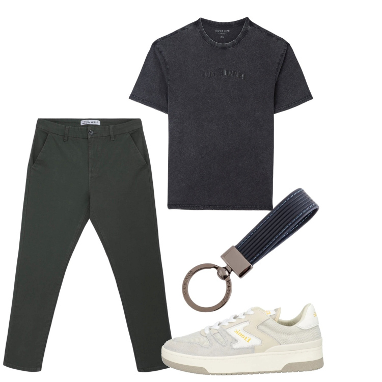 Outfit uomo - Total look. Stile Casual per Tutti i giorni. Abbinamento con sneakers, pantaloni chino, t-shirt, portachiavi.
