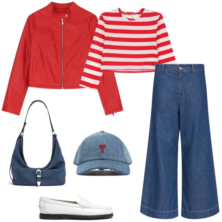Outfit donna - Passeggiata. Stile Casual per Tutti i giorni. Abbinamento con t-shirt, giacche, mocassini, cappelli, borse a spalla, jeans.