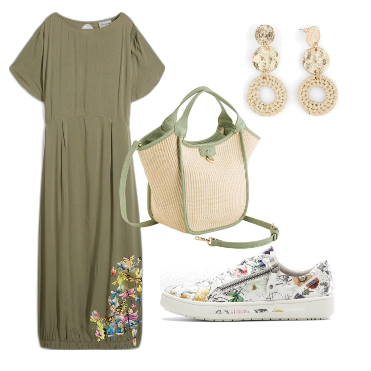 Outfit donna - Tempo libero. Stile Casual per Tutti i giorni. Abbinamento con orecchini, vestiti lunghi, sneakers, borse a mano.