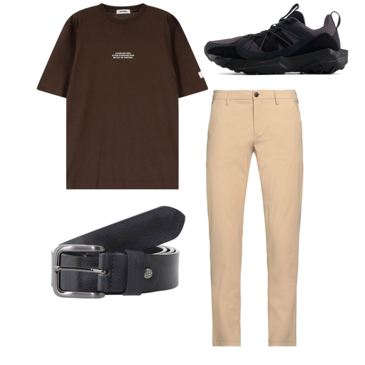 Outfit uomo - Total look. Stile Casual per Tutti i giorni. Abbinamento con pantaloni chino, sneakers, t-shirt, cinture.