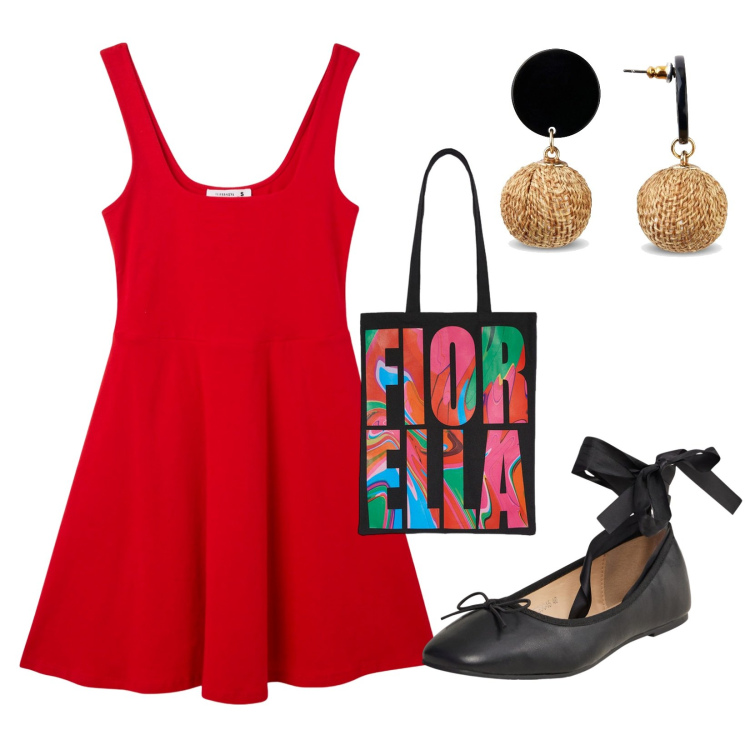 Outfit donna - Pomeriggio di svago. Stile Casual per Tutti i giorni. Abbinamento con orecchini, vestiti, ballerine, borse tote.