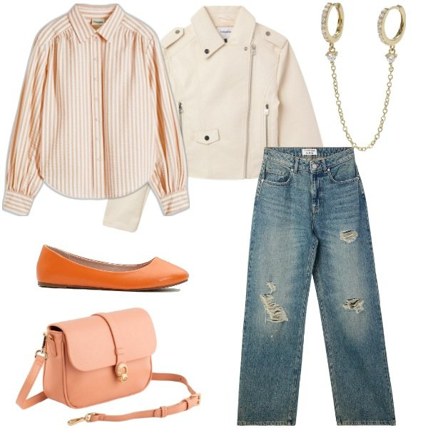 Outfit donna - Pizza tra amici. Stile Casual per Serata fuori. Abbinamento con camicie, ballerine, giacche, jeans strappati, orecchini, borse a tracolla.