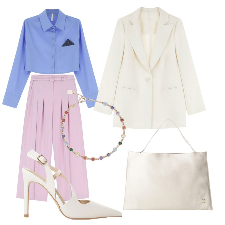 Outfit donna - Colori tenui. Stile Chic per Tutti i giorni. Abbinamento con braccialetti, blazer, borse a spalla, pantaloni, décolleté, camicie.