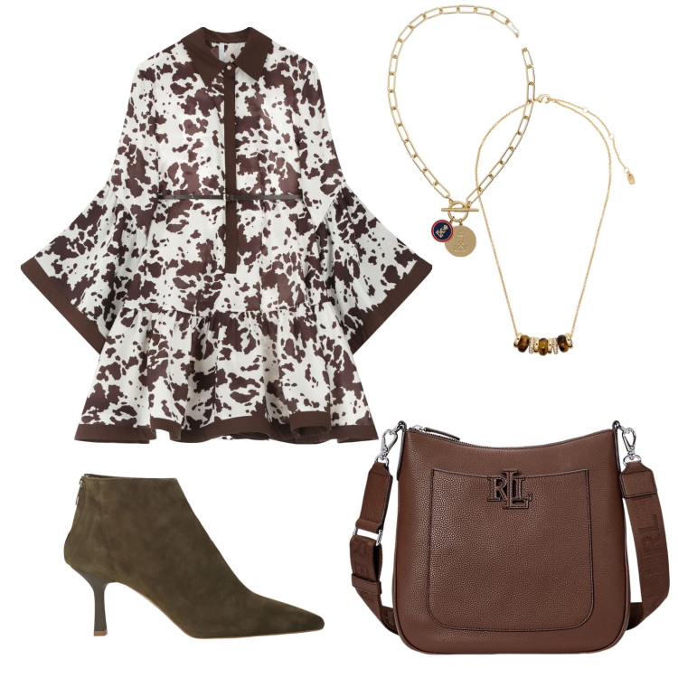 Outfit donna - Cow print. Stile Minimal per Ufficio. Abbinamento con vestiti corti, stivaletti, collane, borse a tracolla, ciondoli.