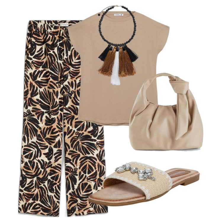 Outfit donna - Aperitivo al mare. Stile Casual per Mare. Abbinamento con borse a mano, pantaloni a palazzo, ciabatte, t-shirt, collane.