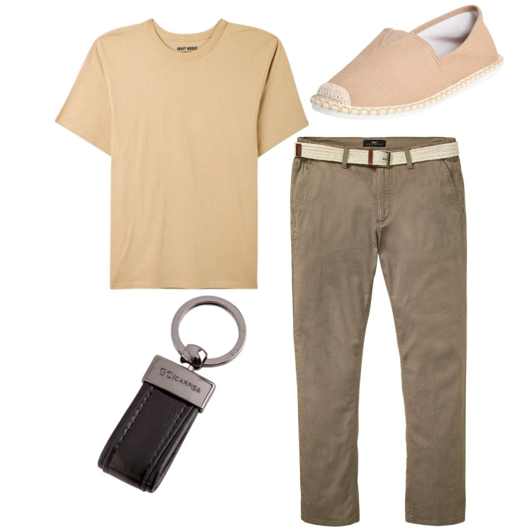 Outfit uomo - Total look. Stile Casual per Tutti i giorni. Abbinamento con pantaloni chino, espadrillas, t-shirt, portachiavi.