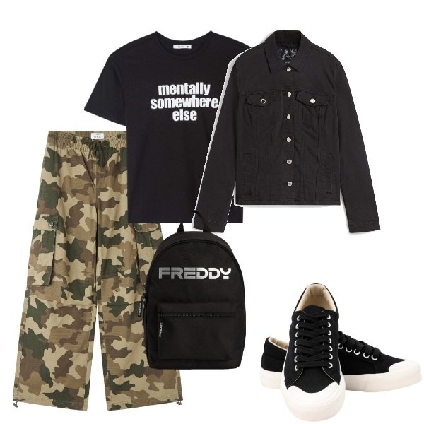 Outfit donna - A spasso per la città. Stile Trendy per Tutti i giorni. Abbinamento con blazer, pantaloni cargo, t-shirt, zaini, sneakers.