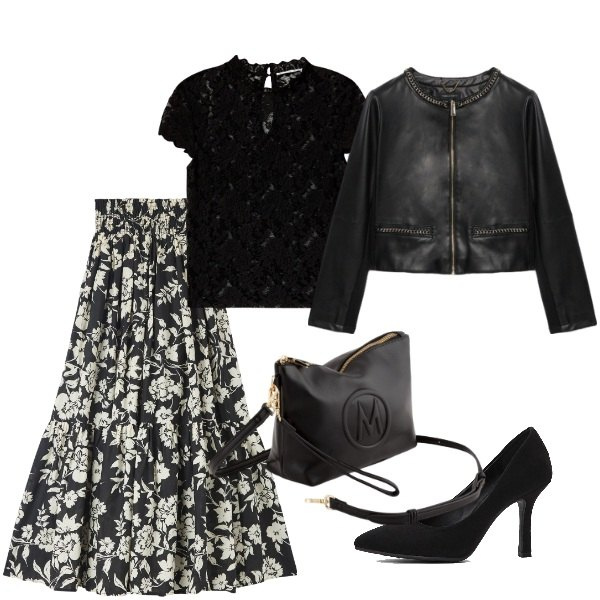 Outfit donna - Serata di festa. Stile Glamour per Serata fuori. Abbinamento con décolleté, gonne lunghe, t-shirt, blazer, valigie.