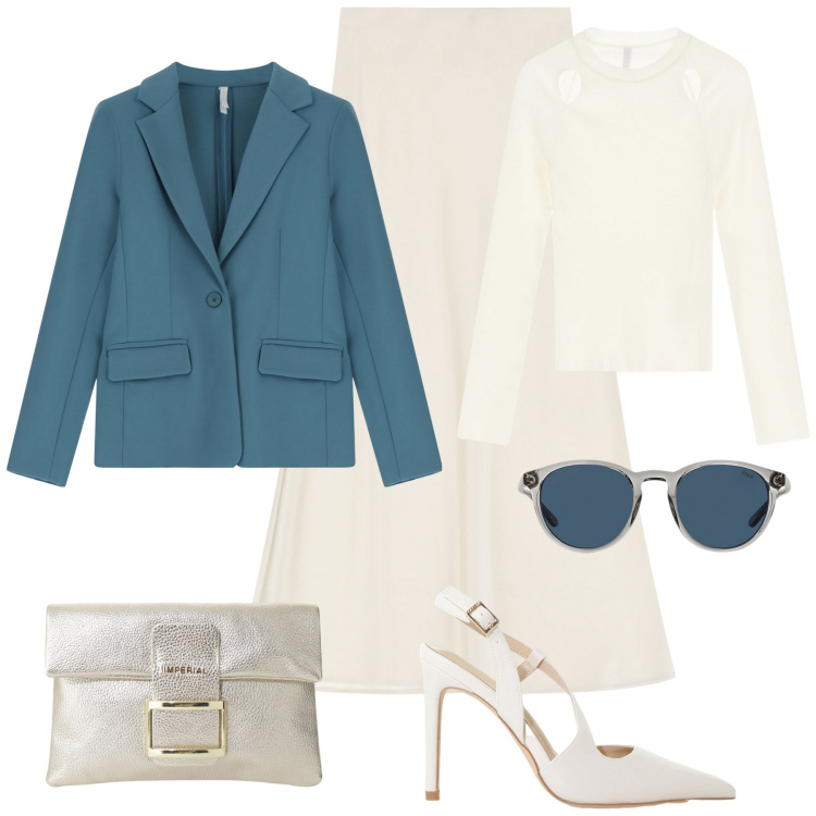 Outfit donna - Imperial Urban Edge. Stile Glamour per Ufficio. Abbinamento con blazer, décolleté, gonne lunghe, maglieria, pochette, occhiali da sole.