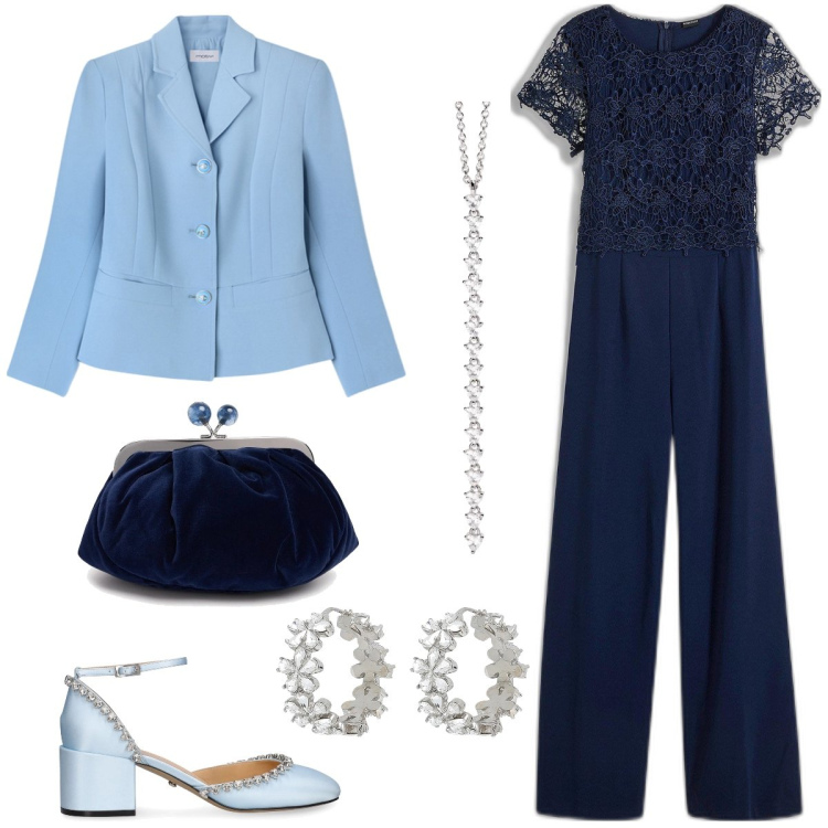 Outfit donna - Cerimonia in tuta. Stile Chic per Cerimonia. Abbinamento con orecchini, tute, ciondoli, blazer, décolleté, pochette.