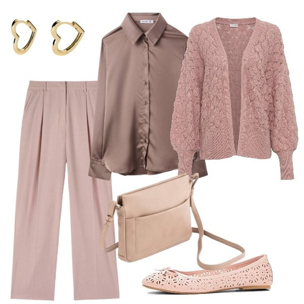Outfit donna - Romantica in rosa. Stile Bon Ton per Serata fuori. Abbinamento con cardigans, ballerine, camicie, orecchini, borse a tracolla, pantaloni a palazzo.
