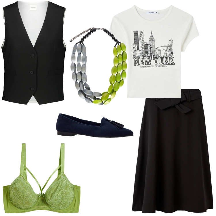 Outfit donna - Abbigliamento in saldo. Stile Urban per Ufficio. Abbinamento con reggiseni, mocassini, t-shirt, gonne lunghe, gilet, collane.