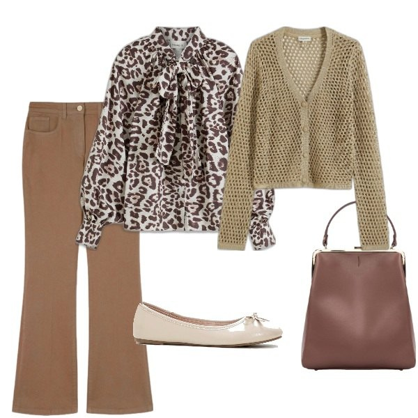 Outfit donna - Pizza tra amici. Stile Casual chic per Serata fuori. Abbinamento con camicie, ballerine, cardigans, borse a spalla, pantaloni.